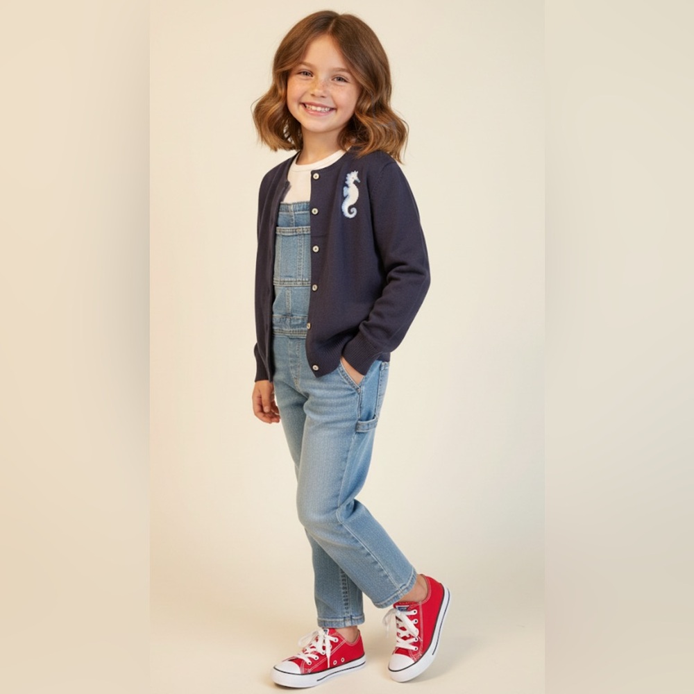 Lands End Girl’s Cardigan Sweater Seahorse 100% Supima Cotton Navy Blue Size 6-8